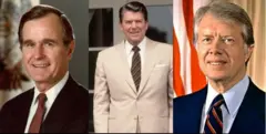 যুক্তরাষ্ট্রের সাবেক প্রেসিডেন্ট জর্জ ডব্লিউ বুশ (বামে), রোনাল্ড রেগান (মাঝে) এবং জিমি কার্টার (ডানে)। 
