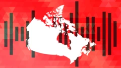 Drawing of a white outline of map of Canada in front of black bars and a red background.