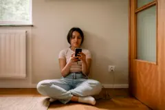 Uma menina sentada no chão mexendo no celular enquanto ele carrega na tomada