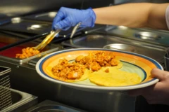 un primer plano de una persona sirviendo carne sobre un plato con tortillas