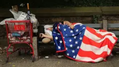 Persona durmiendo en un banco con una cubierta con los colores de la bandera de EE.UU. y un carrito de la compra al lado