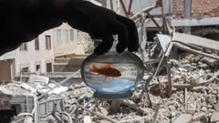 تهران، ایران – دهم فروردین: مردی یک ماهی قرمز را در تنگ آن در برابر آپارتمان آسیب دیده در حمله هوایی نشان می‌دهد