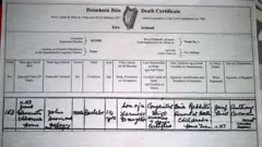 Primer plano de un certificado de defunción irlandés. Contiene una tabla de información que incluye nombre, fecha y lugar de fallecimiento, sexo, edad y otros detalles. La información está escrita en cursiva fluida y señala que el fallecido se llama John, tenía 16 meses y menciona "idiota congénito" y "sarampión" como causa de muerte.