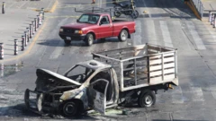 Una furgoneta blanca calcinada en mitad de una carretera.