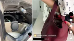 Captures d'écran de vidéos montrant de petits traceurs GPS noirs attachés cachés à l'intérieur d'une voiture ou déposés dans le sac à main d'une femme.