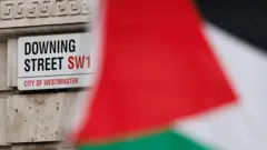 Палестинский флаг (не в фокусе) перед табличкой с адресом Downing Street.