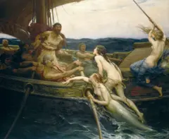 Óleo de Ulises y las sirenas de Herbert James Draper (1863-1920) en la galería de arte Ferens. La imagen muestra a Odiseo atado al asta de un barco que es asediado por hermosas sirenas cantando. Los remeros del barco tienen los oídos tapados con cera para no escuchar el seductor canto.