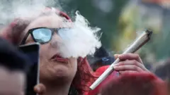 Žena sa džointom na skupu „Prijatelji kanabisa" ispred Brandenburške kapije u Berlinu, glavnom gradu Nemačke 