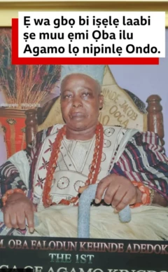 Aworan oba Falodun to j'oko lori ite pelu irukere ati opa l'owo