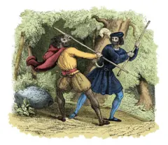 Ilustração de Robin Hood em uma floresta, lutando contra um adversário