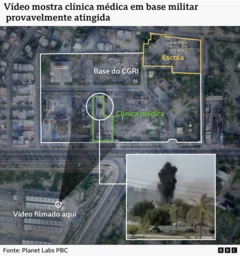 Gráfico da BBC Verify com imagens de satélite anotadas da base do CGRI e da escola próxima, destacando a clínica médica atingida pelo míssil