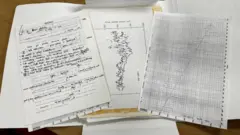 Documentos e gráficos anotados à mão usados no estudo de 1985