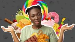 The image shows woman in front of a colourful assortment of sweets and treats.