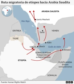 Mapa que muestra líneas con flechas rojas que parten de Etiopía y trazan las rutas de los migrantes desde Etiopía a través de Yibuti, Somalilandia y Yemen hasta Arabia Saudita. Tigré está marcada como una región de Etiopía.