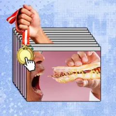 Montagem de homem comendo cachorro-quente