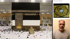 A composite of three pictures, the biggest on the left is the Kaaba in Mecca, the top right a piece of Kiswa cloth from the Epstein files, and bottom right Jeffrey Epstein's headshot