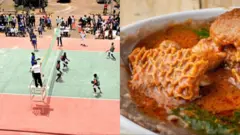 Aworan awọn eeyan kan to n gba abula wa lapa osi, aworan ọbẹ abula ati amala wa lapa ọtun.