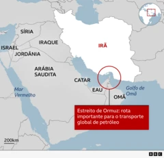 Mapa regional destaca o Irã em branco, com seu nome em preto. Os países que sofreram ataques do Irã estão marcados em vermelho: Israel, Kuwait, Catar, Bahrein, Emirados Árabes Unidos, Jordânia, Chipre, Líbano e Arábia Saudita. Os países vizinhos estão em cinza.
