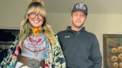 Jessica Raiola ubrana w zielono-niebieską kurtkę ze wzorem kwiatowym, pomarańczowy szalik, szaro-czerwoną koszulkę i pasek, obok swojego chłopaka w ciemnej czapce i bluzie z długim rękawem.