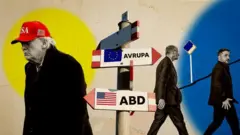 İllüstrasyon Trump, Merz ve Zelensky'yi farklı yönlere yürürken gösteriyor