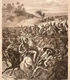 Ilustração do rei persa Ciro com uma cavalaria de camelos na Batalha de Sardes em 547 a.C.