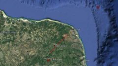 Imagem de satélite mostrando parte do Nordeste no Brasil na região do Rio Grande do Norte, com uma linha em vermelho marcando onde se localiza a Falha de Samambaia