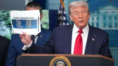 Trump sostiene un gráfico de barras sobre crimen en Washington DC en la sala de prensa de la Casa Blanca 