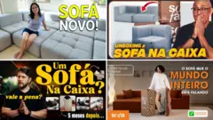 Montagem mostra diversas postagens de influenciadores testando produtos da Sofá na Caixa