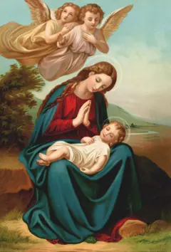 Imagem de Maria ao lado de Jesus e anjos ao redor