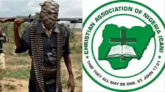 Agbebọn gbe ibọn kọrun, awon kan gbe tiwọn dani, wọn n rin lọ pẹlu oju ti wọn bo ati aworan idanimọ ẹgbẹ awọn kristẹni lorilẹede Naijiria.