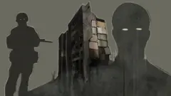 Рисунок: слева человек в маске, каске и с оружием, справа силуэт головы в маске, в центре развалины дома