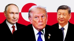 Composite picture of US President Donald Trump with Russian President Vladimir Putin behind him to the left and Chinese President Xi Jinping behind him to the right. All three are in front of Greenland’s flag.