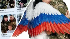 Коллаж. Женщина с крыльями цветов российского триколора обнимает мужчину в военной форме. На фоне изображен прайс за создание «видеопрощания»; цена в диапазоне от 2 800 до 3 450 рублей