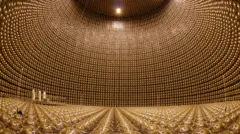 Espaço cheio de esferas douradas. No fundo há três cientistas em uma plataforma