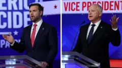 討論会に臨む共和党のヴァンス副大統領候補（左）と民主党のウォルズ副大統領候補（1日、ニューヨーク）