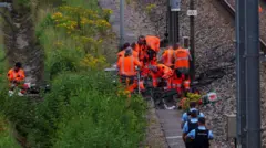 रेलमार्गमा भएको क्षति हेर्दै कर्मचारी र सुरक्षाकर्मीहरू