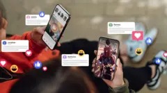 Duas pessoas compartilham conteúdo nas redes sociais, com ilustrações das postagens flutuando entre eles