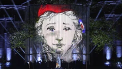 Изображение лица в красном берете на фоне стены,где также видны цвета французского флага, в день памяти о жертвах нападений в Париже 13 ноября 2015 года.