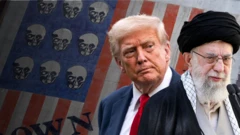 ඉරානයේ උත්තරීතර නායක අයතුල්ලා අලි කමෙනි සහ ඇමෙරිකානු ජනාධිපති ඩොනල්ඩ් ට්‍රම්ප් මෙහිසිටින අතර ඔවුන්ගේ පසුබිමෙන් ඇමෙරිකානු කොඩිය දිස්වේ.