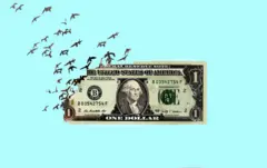 Ilustração de uma nota de dólar faltando pedaços de onde saem pássaros.