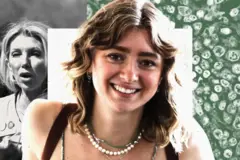 Imagem composta com Paloma Shemirani no centro, uma mulher jovem com sorriso grande e brilhante e cabelo ondulado sobre os ombros, vestindo uma camiseta floral verde e branca e vários colares. Ao fundo, uma imagem da sua mãe, Kate Shemirani, em um protesto sobre a covid-19 e uma imagem de células de linfoma não Hodgkin ao microscópio.
