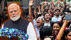 ছবিতে বামদিকে ভারতের প্রধানমন্ত্রী নরেন্দ্র মোদী, ডানদিকে দিল্লির যন্তর মন্তরে জনতার উল্লাস উল্লাস
