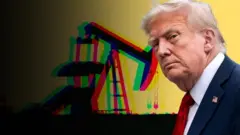 Imagem de Donald Trump ao lado de uma plataforma de extração de petróleo