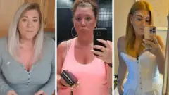 Três fotos de Tanya em diferentes estágios de sua perda de peso. Na primeira foto, à esquerda, ela está usando uma blusa cinza; na foto do meio, ela está na academia; e na terceira foto, ela já emagreceu, está usando um top corset branco e sorrindo para a câmera.