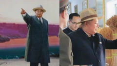 Uma imagem composta mostra um retrato do presidente Kim Il Sung apontando o caminho à frente, usando um chapéu fedora claro, camisa branca, terno escuro, gravata e sobretudo, ao lado de uma fotografia de Kim Jong Un, com uma roupa semelhante, visitando a Fazenda nº 1116, na Coreia do Norte, com dois dignitários de terno e uniforme.