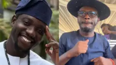 Very Dark Man wọ aṣo funfun o si de fila olomi aro, pẹlu Mr Jollof toun naa wọ aṣọ olomi aro ti o si de fila ate si i.