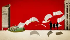 İllüstrasyon: Adalet Sarayı, daktilo, uçan iddianame sayfaları, insaların gölgesi