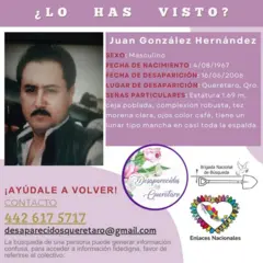 Cartaz com informações sobre o irmão de Yadira González, utilizado no processo de busca. Ele traz a imagem de Juan González Hernández, seus dados e características físicas.