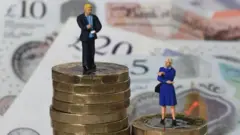 Ilustracija muškarca i žene, lutka muškarca je na skupini sitnog novca koja je veća u odnosu na onu na kojoj stoji ženska lutka