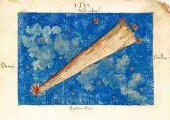 Boceto en acuarela etiquetado como el cometa de 1532, originalmente encuadernado en un libro de citas del siglo XVI. El cometa se representa con una cola recta y se muestra reposando frente a las nubes en el cielo.